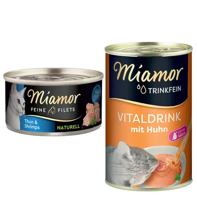 Miamor Kombi-Paket: Feine Filets Naturelle 12 x 80 g + Trinkfein Vitaldrink 6 x 135 ml - Feine Filets Thunfisch & Shrimps + Vitaldrink mit Huhn