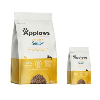 Applaws Chicken Senior dry food for cats, 7.5kg. At least 80% animal protein, grain-free, hypoallergenic with prebiotics, made from natural ingredients with vitamins and minerals.