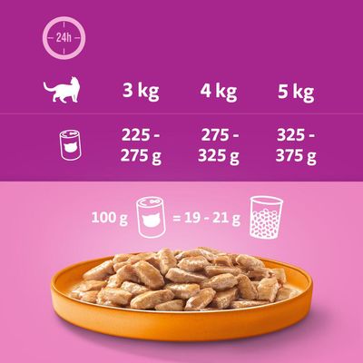 Etetési útmutató macskáknak: 3 kg 225–275 g, 4 kg 275–325 g, 5 kg 325–375 g nedves eledel naponta. 100 g nedves táp = 19–21 g száraztáp.