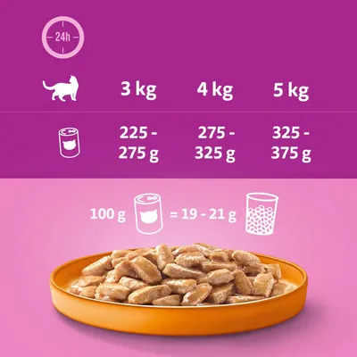 Etetési útmutató macskáknak: 3 kg 225–275 g, 4 kg 275–325 g, 5 kg 325–375 g nedves eledel naponta. 100 g nedves táp = 19–21 g száraztáp.