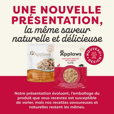 Une nouvelle présentation, la même saveur naturelle et délicieuse. Applaws Chicken Breast with Beef in Jelly 70g. Nouveau design. L’emballage peut varier, recette inchangée.
