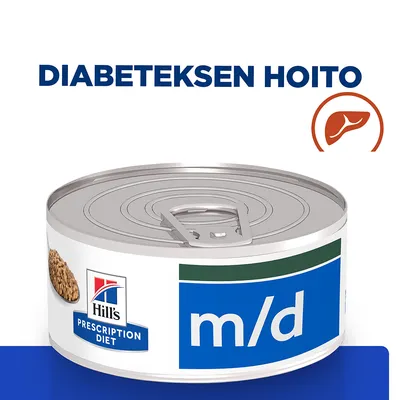 Hill's Prescription Diet m/d -purkki, teksti 'DIABETEKSEN HOITO', maksan kuva. Näkyvissä tuotemerkki ja tuotenimi. Hill's Prescription Diet m/d -purkki, teksti 'DIABETEKSEN HOITO', maksan kuva. Näkyvissä tuotemerkki ja tuotenimi.