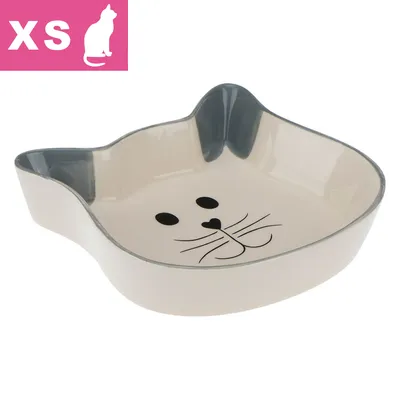 Katteskål i keramik formet som et kattehoved med grå kanter og sort katteansigt indeni. Øverst til venstre står XS og en hvid kat på lyserød baggrund.