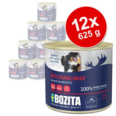 Bozita nourriture humide avec bœuf, 12x 625g. Sans céréales, sans OGM, sans sucre ajouté, 100% protéines animales. Swedish Natural Quality, fabriqué à Vårgårda depuis 1903.
