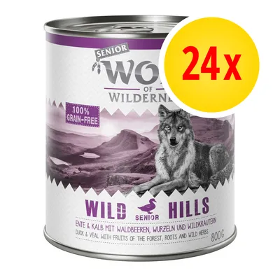 Pack of 24 cans, 800g each, labelled as senior, 100% grain-free, duck and veal with fruits of the forest, roots and wild herbs. Product name: Wild Hills.