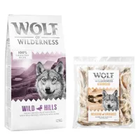 Wolf of Wilderness Kombi-Paket: Adult Trockenfutter + 3 x Kaninchenohren mit Fell Snacks - 12 kg Wild Hills - Ente + 3 x 400 g Snacks