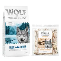 Wolf of Wilderness Kombi-Paket: Adult Trockenfutter + 3 x Kaninchenohren mit Fell Snacks - 12 kg Blue River - Lachs + 3 x 400 g Snacks