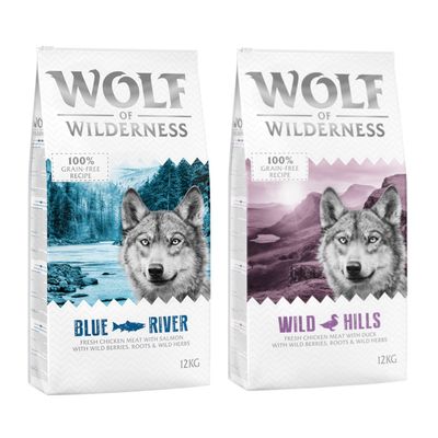 Lot de 2 sacs Wolf of Wilderness Green Fields, 12 kg chacun, recette sans céréales, mention '100% grain-free recipe' visible sur l'emballage.
