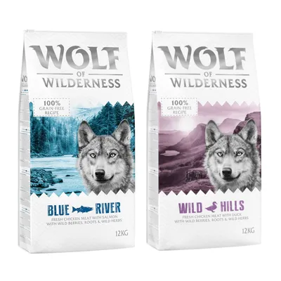 2 x 12 kg Wolf of Wilderness Trockenfutter - getreidefrei - gemischtes Paket: Wild Hills + Blue River  2 x 12 kg Wolf of Wilderness Trockenfutter - getreidefrei - gemischtes Paket: Wild Hills + Blue River