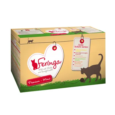 Feringa Premium-Menu mačja hrana, 1,02 kg (12 x 85 g). Vidljiv tekst na njemačkom: 'Mit viel Liebe wie hausgemacht!' i popis šest okusa. Ilustracija mačke na kutiji.
