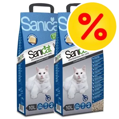 Två förpackningar Sanicat Professional Pet Love klumpande kattsand 10L, blå och vit design, stor gul rabatt-symbol med röd procenttecken uppe till höger. Två förpackningar Sanicat Professional Pet Love klumpande kattsand 10L, blå och vit design, stor gul rabatt-symbol med röd procenttecken uppe till höger.