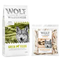 Wolf of Wilderness Kombi-Paket: Adult Trockenfutter + 3 x Kaninchenohren mit Fell Snacks - 12 kg Green Fields - Lamm + 3 x 400 g Snacks