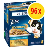 Felix Sensations kattenvoer, 96 x 24-beutels, smaken: zalm in gelei met garnalen, forel met spinazie, koolvis met tomaat, sardine met wortel. Tekst deels in het Duits.