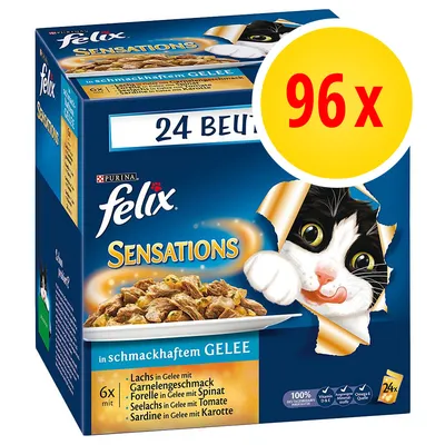 Felix Sensations kattenvoer, 96 x 24-beutels, smaken: zalm in gelei met garnalen, forel met spinazie, koolvis met tomaat, sardine met wortel. Tekst deels in het Duits.