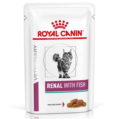 Pouch labelled 'Renal with Fish', veterinary diet, thin slices in gravy. Image shows a cat and food pieces.