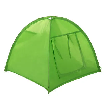 Tenda verde in tessuto con apertura frontale quadrata e due laccetti visibili, struttura ad arco senza altri elementi o marchi riconoscibili.