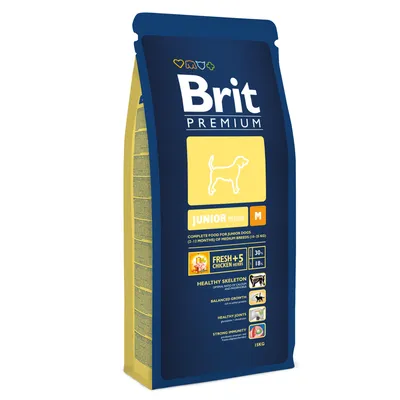 Brit Premium Junior Medium aliment pour chiens pour jeunes chiens de taille moyenne, 15kg. Contient Fresh+5 Chicken Herbs, soutient os, croissance, articulations et immunité.
