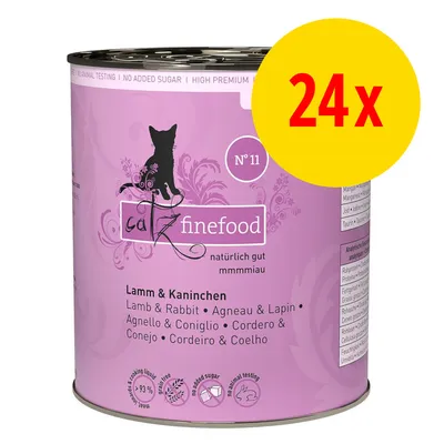 catz finefood No 11 Lamm & Kaninchen, natürlich gut, 24x. Ohne Zuckerzusatz, kein Tierversuch, 93% Fleischanteil. Mehrsprachige Produktbezeichnung auf der Dose. catz finefood No 11 Lamm & Kaninchen, natürlich gut, 24x. Ohne Zuckerzusatz, kein Tierversuch, 93% Fleischanteil. Mehrsprachige Produktbezeichnung auf der Dose.