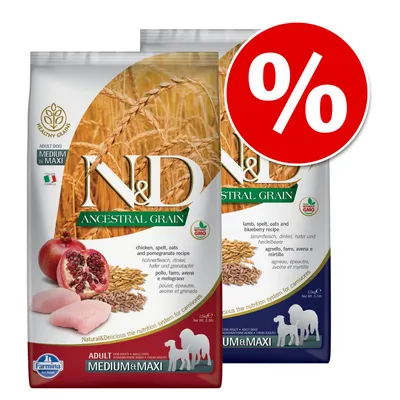 Dwie torby karmy Farmina N&D Ancestral Grain Adult Dog Medium & Maxi, widoczne smaki: kurczak z granatem oraz jagnięcina z borówką. Czerwone kółko z symbolem procentu.
