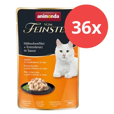 Animonda vom Feinsten Hühnchenfilet + Entenbrust in Sauce, 36x Portionsbeutel. Abbildung des Produkts mit weißer Katze und serviertem Futter auf schwarzem Teller.