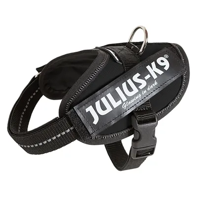 Julius-K9 Hundegeschirr, schwarz, mit reflektierenden Streifen und Aufschrift 'Glowing in dark'.