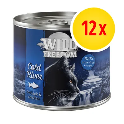 Multipack of 12 tins labelled Cold River, pollack and chicken, 100% grain-free recipe.