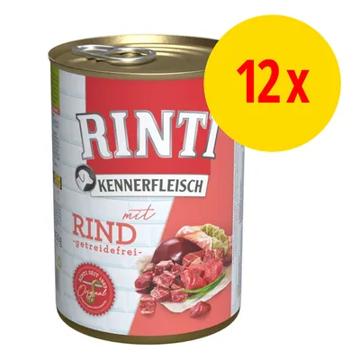 RINTI Kennerfleisch mit Rind -koiran märkäruoka, purkki, pakkauksessa 12 x. Etiketissä näkyy naudanlihaa ja teksti 'getreidefrei'.