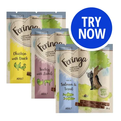 Feringa sticks in Chicken with Duck, Turkey with Lamb, and Salmon & Trout flavours for adults. Grain free recipe. Blue circle with white text: Try Now.