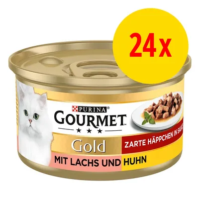 Purina Gourmet Gold Zarte Häppchen in Sauce, mit Lachs und Huhn, 24x Dose. Purina Gourmet Gold Zarte Häppchen in Sauce, mit Lachs und Huhn, 24x Dose.