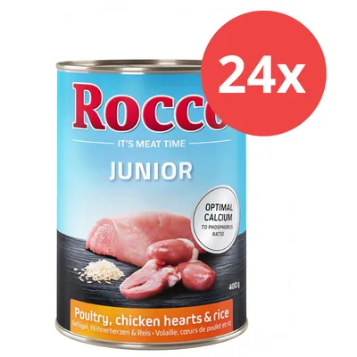 Rocco Junior comida húmeda, ave, corazones de pollo y arroz, proporción óptima de calcio y fósforo, 24x400g latas.
