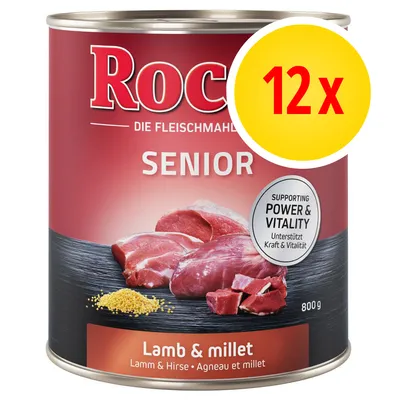 Rocco Senior Lamb & millet, confezione da 12x800g. Testo visibile: Supporting Power & Vitality. Immagine di carne e miglio sulla confezione.