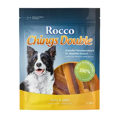 Rocco Chings Double Huhn & Leber koiranherkut, 200 g. Pakkauksessa näkyy kana- ja maksapaloja sekä teksti: 100 % reines Naturprodukt.