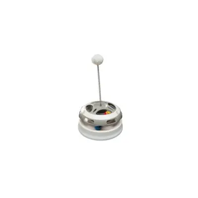 Jouet interactif pour chat en plastique blanc et gris, base ronde avec balle colorée à l’intérieur et tige métallique surmontée d’une boule blanche.