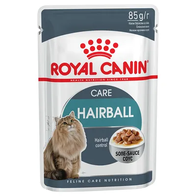 Sachet Royal Canin Care Hairball 85 g, illustration d’un chat à poils longs, mention Hairball control, morceaux en sauce. Texte en anglais et russe visible sur l’emballage.