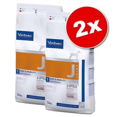 Zwei Säcke Virbac Joint & Mobility 1 Veterinary HPM, jeweils 12 kg, mit rotem Kreis und weißer Aufschrift '2x'