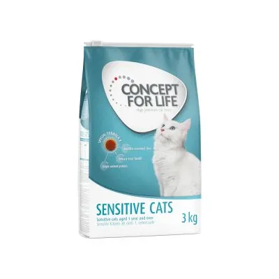 Saco de pienso Concept for Life Sensitive Cats para gatos adultos, 3 kg. Texto visible: 'Sensitive cats aged 1 year and over'. Imagen de un gato blanco en el envase.