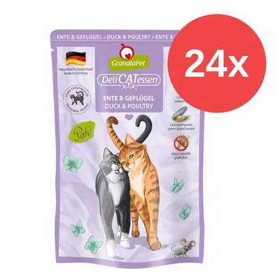 GranataPet DeliCATessen Ente & Geflügel, Paté, ohne Tierversuche, ohne Getreide, mit Grünlippmuschel und Lachsöl. Verpackung zeigt zwei Katzen. Packungsgrösse: 24x.