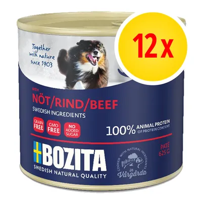 Bozita Nöt/Rind/Beef, 100 % animaliskt protein, 625 g paté. Grain free, GMO free, no added sugar. 12 x förpackning. Swedish ingredients. Bozita Swedish Natural Quality.