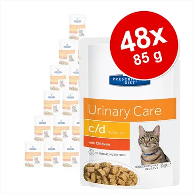 Hill's Prescription Diet Urinary Care c/d Multicare with Chicken våtfoder för katt, 48 x 85 g. Bild på förpackning med synlig text och bitar i sås. Hill's Prescription Diet Urinary Care c/d Multicare with Chicken våtfoder för katt, 48 x 85 g. Bild på förpackning med synlig text och bitar i sås.