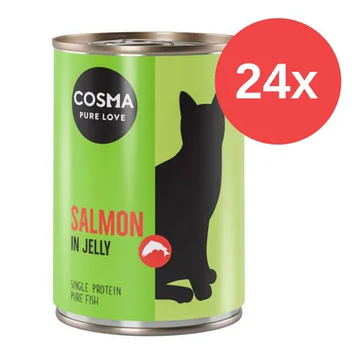 Cosma Pure Love Salmon in Jelly, Single Protein, Pure Fish. Grünes Design mit schwarzer Katzensilhouette. Packung enthält 24 Dosen.