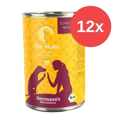 Herrmann's Manufaktur Bio-Huhn mit Reis, Classic Menü. 12x Dosen. Bio-Zertifikat sichtbar.