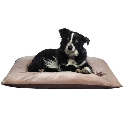 Chien noir et blanc allongé sur un grand coussin beige avec motif patte, housse en tissu visible. Produit présenté pour la taille et l’utilisation du coussin pour chien.