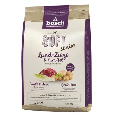 Bosch Soft Senior Land-Ziege & Kartoffel, comida para perros mayores con cabra y patata. Single Protein, Grain Free, 2,5 kg. Texto en inglés y alemán visible en el envase.