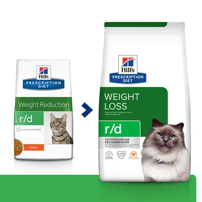 Hill's Prescription Diet r/d kissanruoka, vanha pakkaus: Weight Reduction, uusi pakkaus: Weight Loss. Molemmissa kuvassa kissa ja vihreä etiketti.