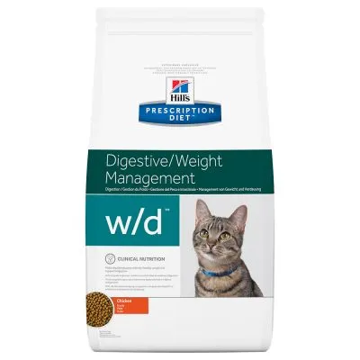 Hill's Prescription Diet w/d Digestive/Weight Management kattenvoer met kip. Klinische voeding ter ondersteuning van de spijsvertering en gewichtsbeheersing.
