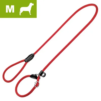 Red slip lead with adjustable loop and stopper, shown in medium size with a silhouette icon indicating suitability for medium-sized animals.