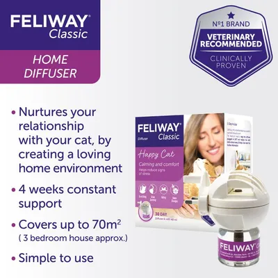 Feliway Classic Home Diffuser. Nurtures relationship with your cat, creates a loving home environment, offers 4 weeks support, covers up to 70m², simple to use, veterinary recommended.