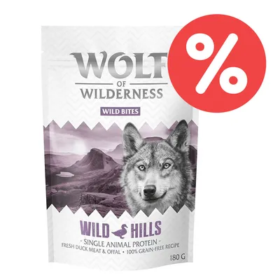 Wolf of Wilderness Wild Bites, Wild Hills, Single Animal Protein, frisches Entenfleisch und Innereien, 100% getreidefreie Rezeptur, 180 g. Prozentzeichen für Rabatt.