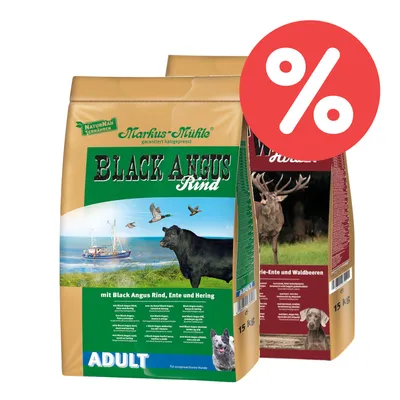 Markus Mühle Black Angus Rind Adult, mit Black Angus Rind, Ente und Hering. Für ausgewachsene Hunde. Packungsgröße: 15 kg.