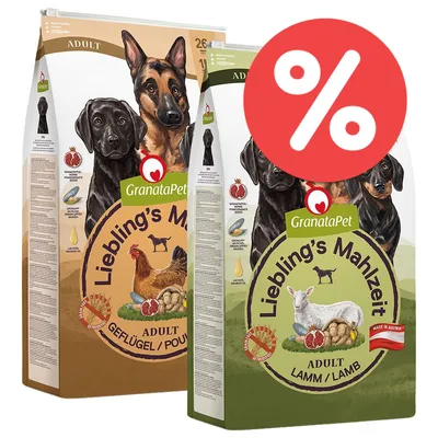 GranataPet Lieblings's Mahlzeit Adult Trockenfutter in den Sorten Geflügel und Lamm. Mit Granatapfel, Kartoffeln und Lachsöl. Made in Austria. Prozentzeichen für Rabatt sichtbar.